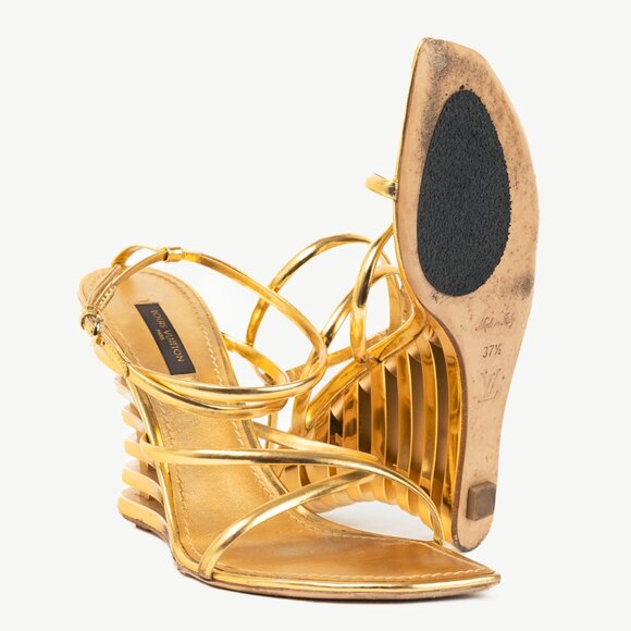 Louis Vuitton Lime Wedge Gold Leather Stepped-Heel Sandals - Picture 4 of 11